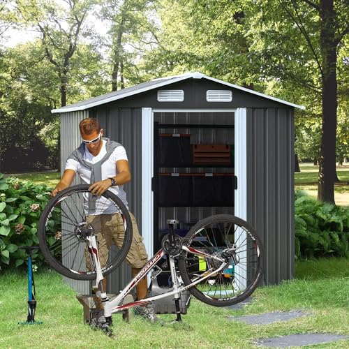 4ever2buy 8 x 8 FT Metal Outdoor Storage Shed, Large Shed Garden Storage Sheds, Galvanized Steel Shed with Air Vent for Backyard, Sheds & Outdoor Storage 2 Slide Door, Patio, Lawn