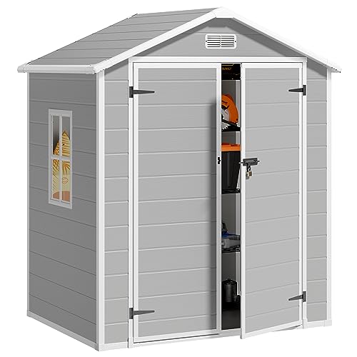 Gizoon Outdoor Resin Storage Shed 5x3 FT, Plastic Garden Shed with Floor for Tool, Garbage Can, Bike, Outside Sheds & Outdoor Resin Shed with Lockable Door for Patio, Lawn, Backyard, Grey & White