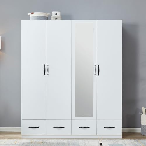 Wardrobe Closet, 2 Door Wardrobe Cabinet with Storage Cabinet, Armoire Wardrobe Closet with Storage Drawers, Bedroom Armoires with Hanging Rod, White Wooden Closet (71" H x 32" W x 20" D)