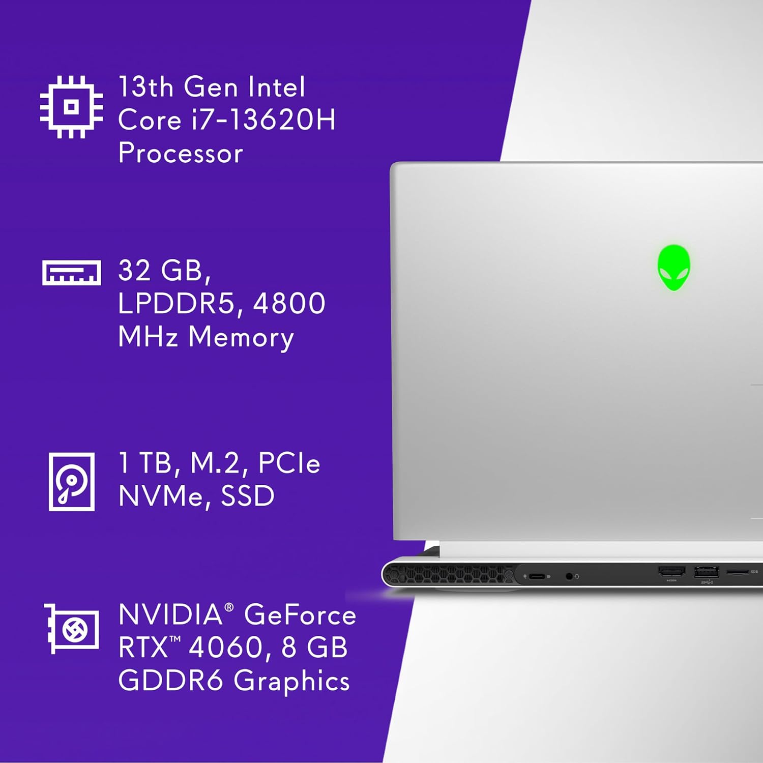 Alienware x14 R2 Gaming Laptop 14" QHD+ 165Hz G-Sync, Intel Core i7-13620H, NVIDIA GeForce RTX 4060 8GB, 32GB RAM, 1TB SSD, Windows 11 Home, AlienFX Backlit US Keyboard, Lunar Silver