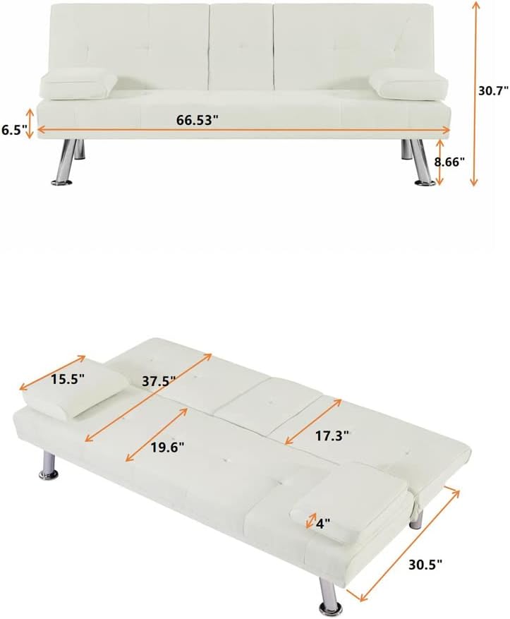 Convertible Folding Futon Sofa Bed, Fabric Linen Upholstered Modern Couch Loveseat Sleeper, Folding Daybed Guest Bed, Removable Armrests, 2 Cup Holders, Metal Legs，Gray