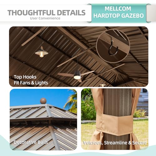 MELLCOM 12'x16' Hardtop Gazebo, Galvanized Steel Metal Double Roof Canopy with Curtains and Netting, Brown Permanent Pavilion Gazebos with Aluminum Frame for Garden, Patio, Lawns, Deck