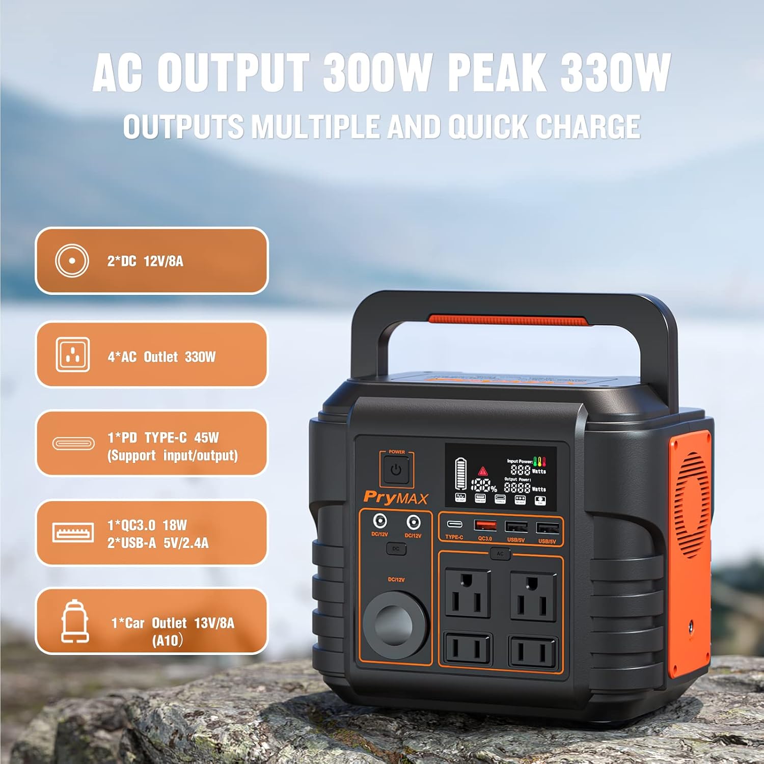 PryMAX Portable Power Station 330W/110V Pure Sine Wave AC Outlet, 296WH Backup Lithium Battery with PD/QC3.0/DC/USB Port Power Supply, 80000mAh Solar Generator for Home Camping Emergency CPAP