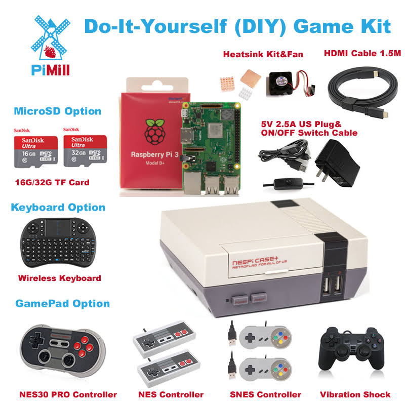 Raspberry Pi 3 Model B DIY Game Kit NESPi Retroflag SNES Controller, Silver
