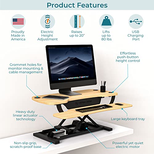 VERSADESK Electric Standing Desk Converter, 36 Inch PowerPro Height Adjustable Sit Stand Desktop Riser with Keyboard Tray, Built-in USB Charging Port, Holds 80 lbs, Push-Button Switch, Maple