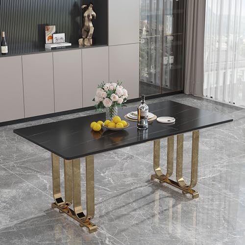 Faux Marble Dining Table for 6 Person, 63" Marble Kitchen Table with Craft Glass Tabletop and Black Legs, Luxury Large Long Dining Room Table for Home Kitchen Office (Table Only)