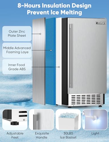 Coolski 80Lbs/ Day Commercial Under Counter Ice Maker Machine, Stainless Steel Built-in Freestanding Ice Maker with 30LBS Ice Storage, Perfect for Commercial & Home Use, Gravity Drainage