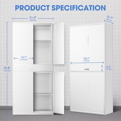 DNA MOTORING 71'' Metal Storage Cabinet, Locking Tool Cabinet with 1 Drawer and Adjustable Shelves, Lockable Heavy Duty Metal Locker for Garage,Office,Home,Gym, Gray, TOOLS-00629-GY-GY-A
