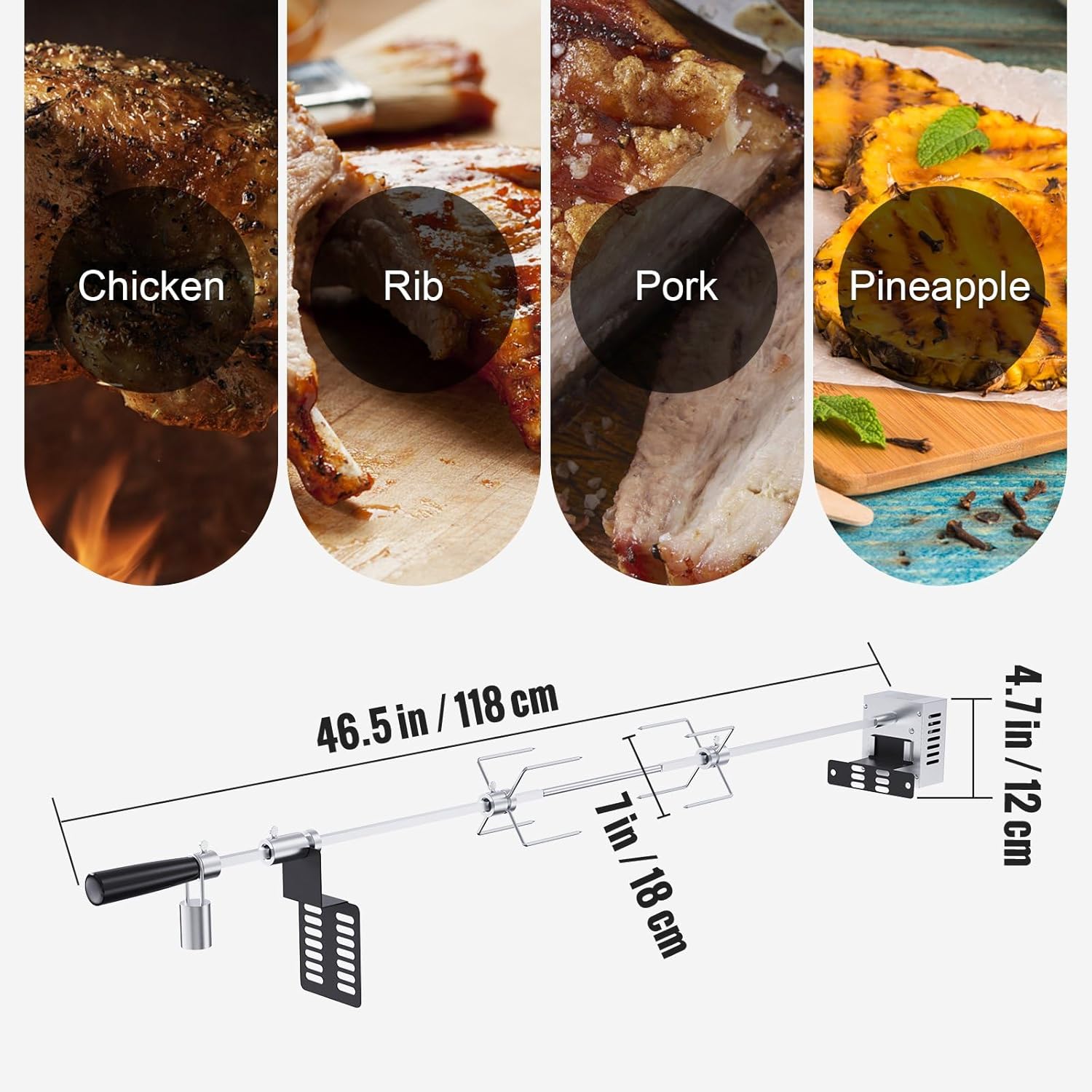 Heavy Duty Stainless Steel Grill Rotisserie Kit with 9W Motor - Automatic Grilling Attachment for Electric Bbq Grill - 32-Inch / 39-Inch Hexagon Spit Rod - 26 Lbs Capacity