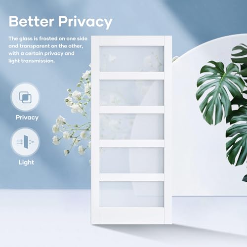 36x84 Inch Glass Sliding Barn Door Slab and 6.6ft Hardware Kit Included, 5 Frosted Glass, LVL Wood Panel Covered with White Water-Proof Scratch-Proof PVC Surface, Simple DIY Assembly