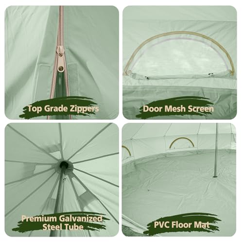 Cotton Canvas Bell Tent, Waterproof Large Tents with Sturdy Center & Door Pole and Space for 4/6/8 Person All 4 Season Camping Yurt Tent