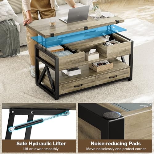 40" Lift Top Coffee Table,4 in 1 Multi-Function Lift Coffee Tables with Storage Drawers and Hidden Compartmen,Farmhouse Coffee Table with Lifting top for Living Room,Black