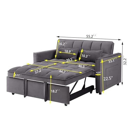 LUMISOL 3 in 1 Sleeper Sofa Couch Bed with Pillows, 55.1” Velvet Convertible Double Sofa Bed with Adjustable Back and Storage Packets, Pull Out 2-Seater Sleeper for Living Room, Blue
