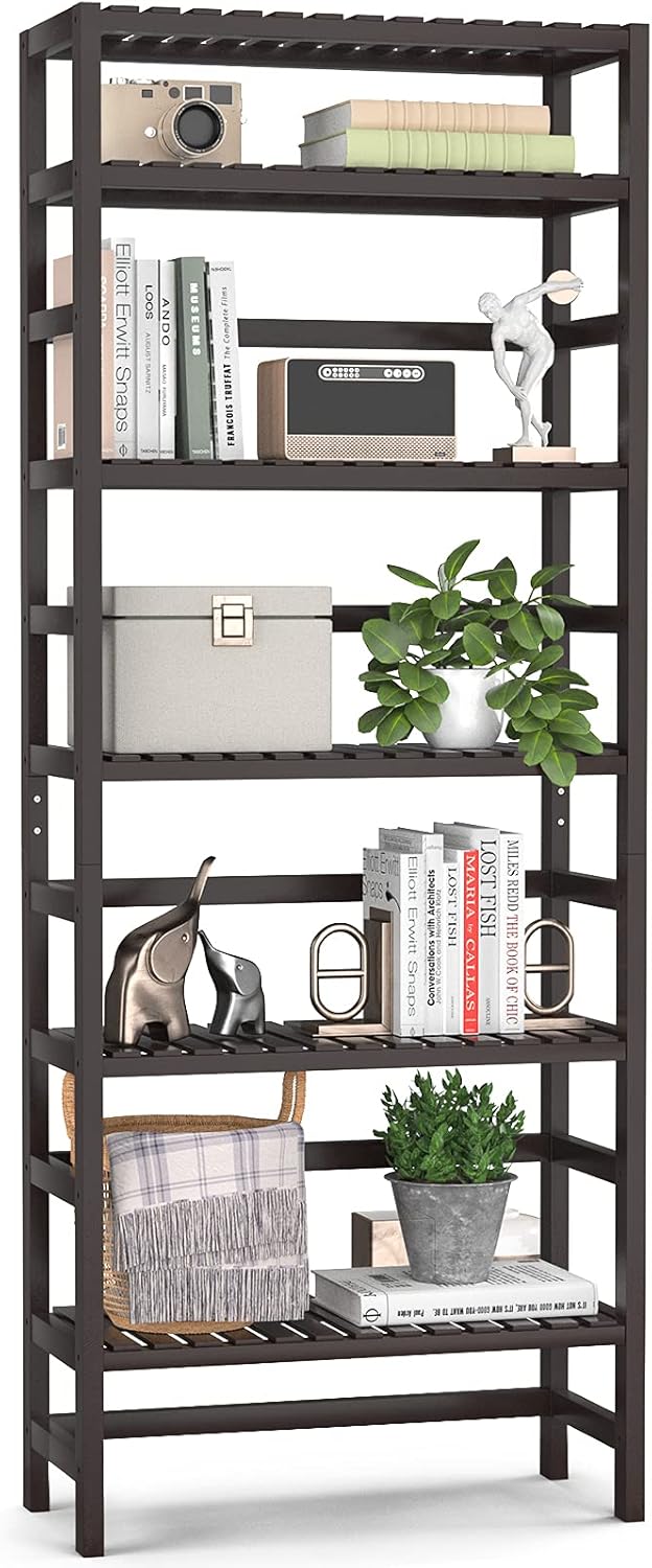 Homykic Bamboo Bookshelf, 6-Tier Adjustable Tall Bookcase 63.4” Book Shelf Rack Organizer Shelving Unit Free Standing Storage for Living Room, Bathroom, Study, Kitchen, Bedroom, Home Office, Espresso