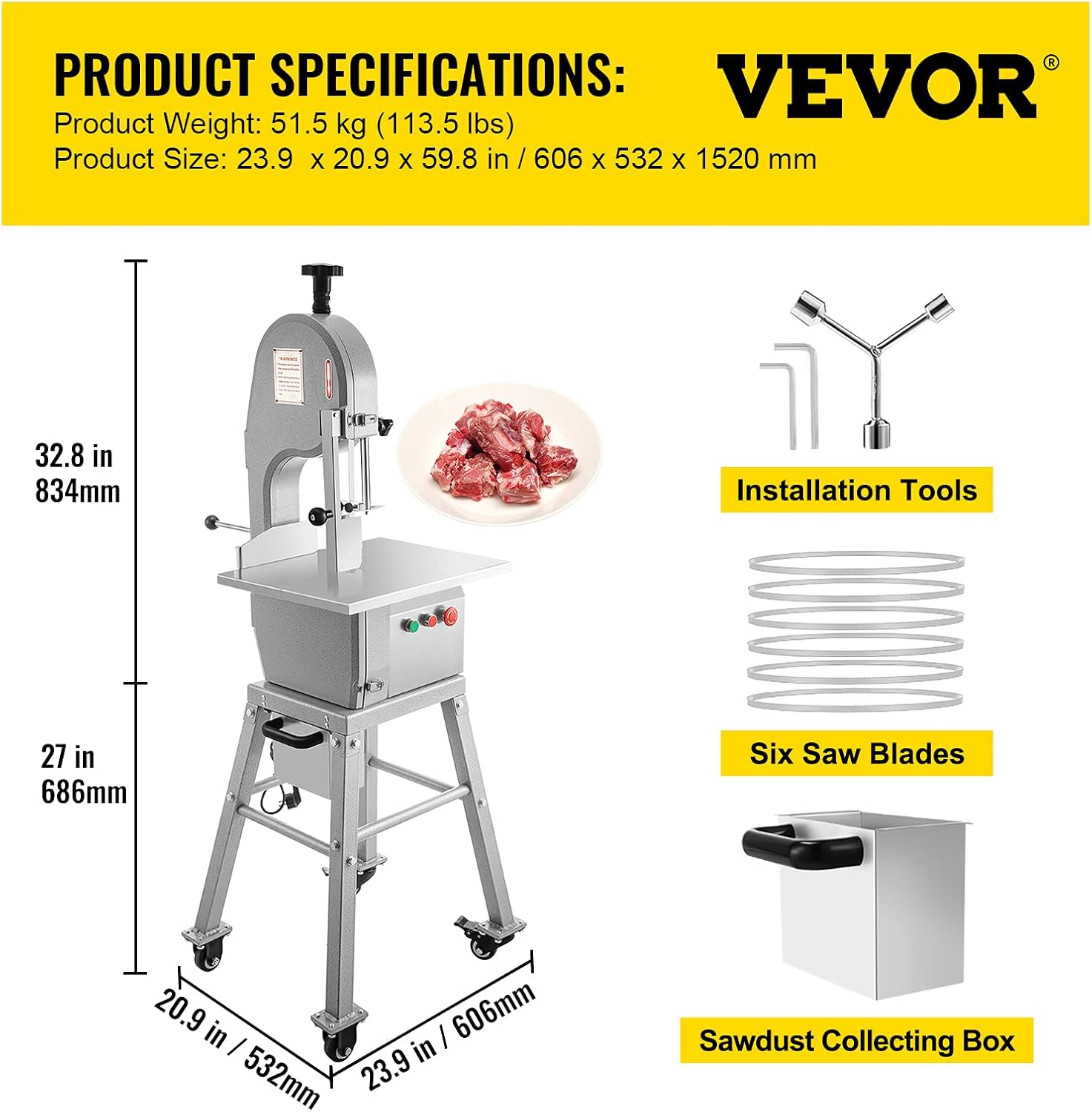 VEVOR 110V Bone Saw Machine 850W Frozen Meat Cutter 1.16HP Butcher Bandsaw Thickness Range 4-180mm Max Cutting Height 220mm Work Table 18.3x14.4inch Sawing Speed 19m/s with 6 Saw Blades & Mobile Base