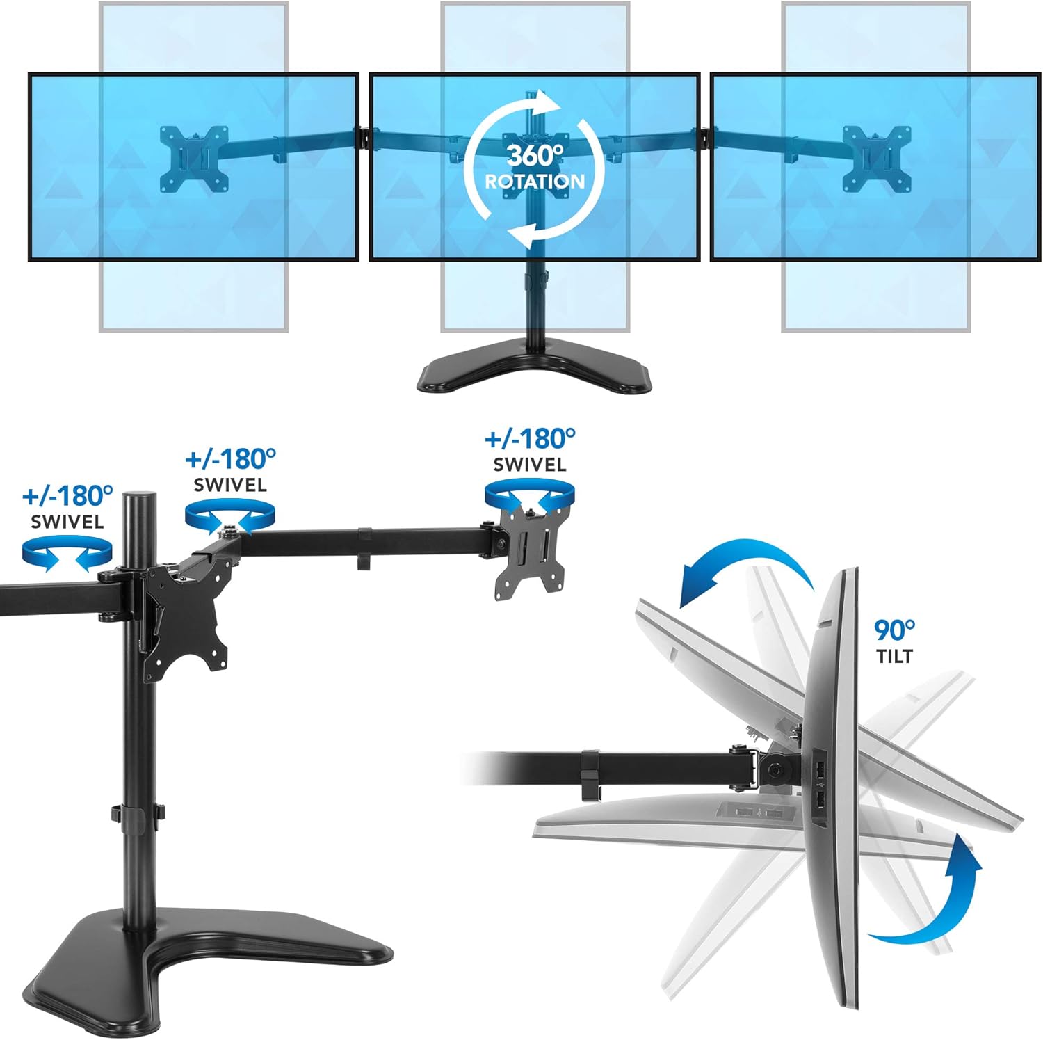 Mount-It! Triple Monitor Stand - Freestanding Computer Desk Mount Fits Up to 27 Inch Monitors, VESA 75, 100 Compatible Pack of 2