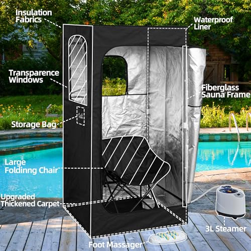 Large Portable Steam Sauna, 3L Steamer Portable Sauna Box for Home, Personal Sauna with Big Sauna Chair, Remote Control, Foot Massager, 3.2’ x 3.2’ x 6.0’, Navy Blue