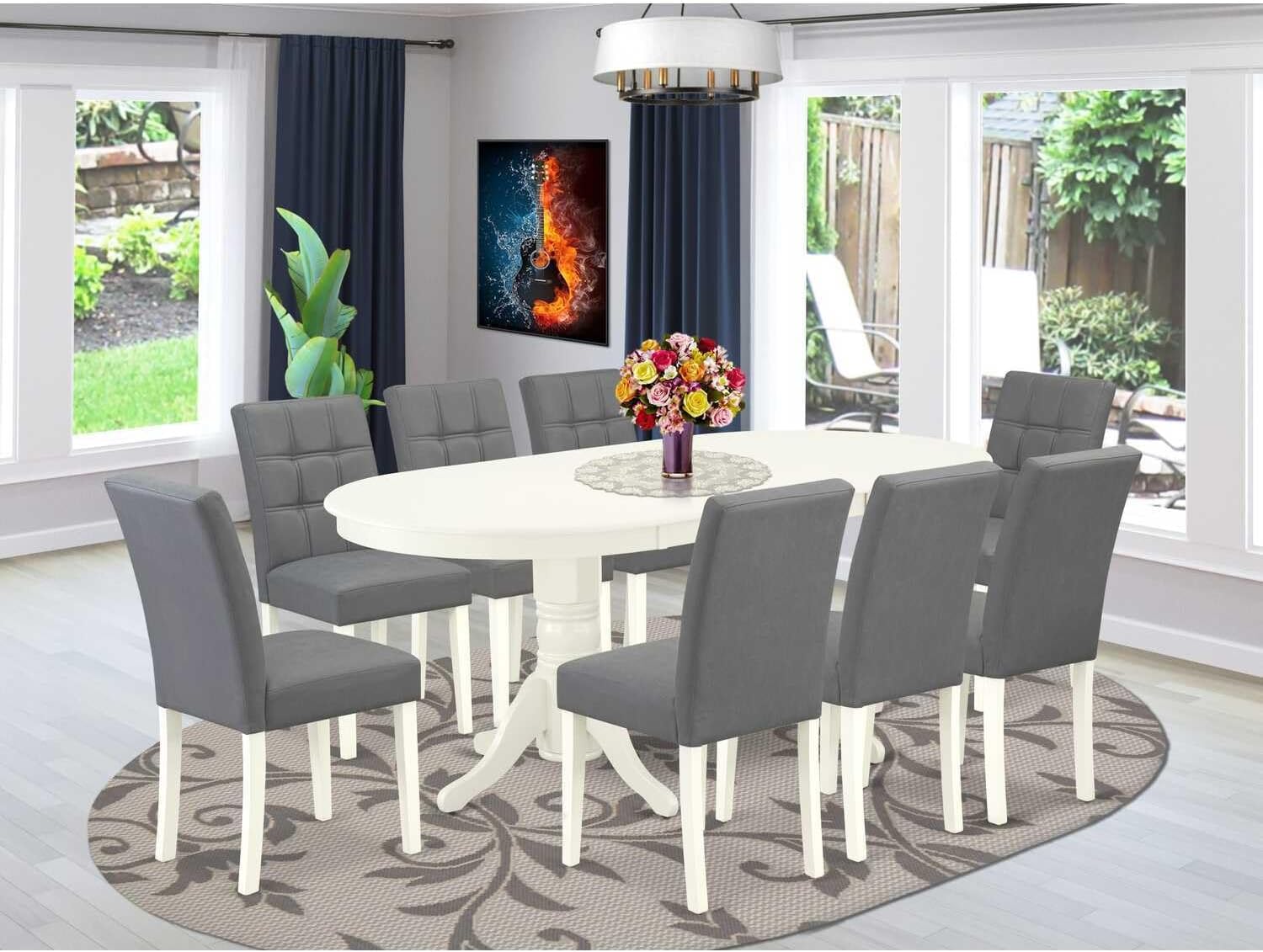Artisanal Abode 9 Piece Dining Room Table Set Contains an Oval Dining Table and 8 Chairs, Linen White