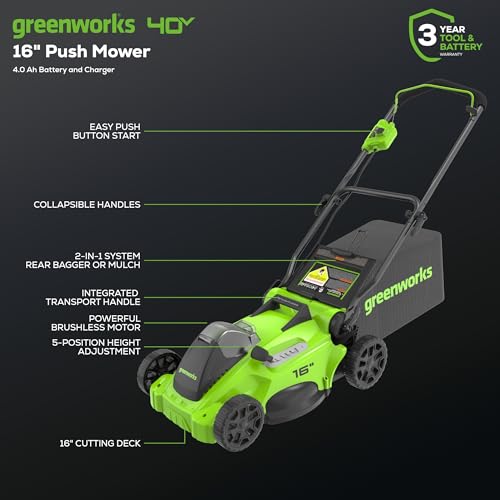 Greenworks 40V 16" Brushless Cordless (Push) Lawn Mower (75+ Compatible Tools), 4.0Ah Battery and Charger Included