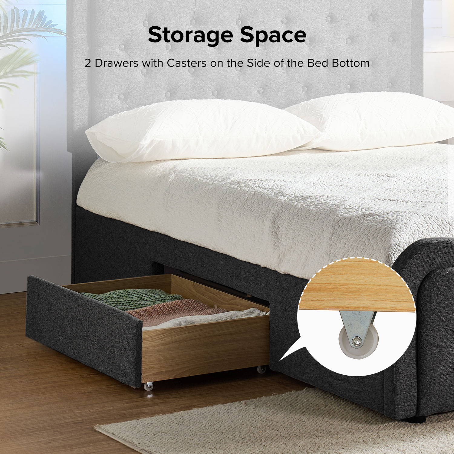 Modern King Platform Bed Frame with 7 Color LED Lights Button Adjustable Tufted Upholstered Headboard Storage Drawers Footboard Charcoal
