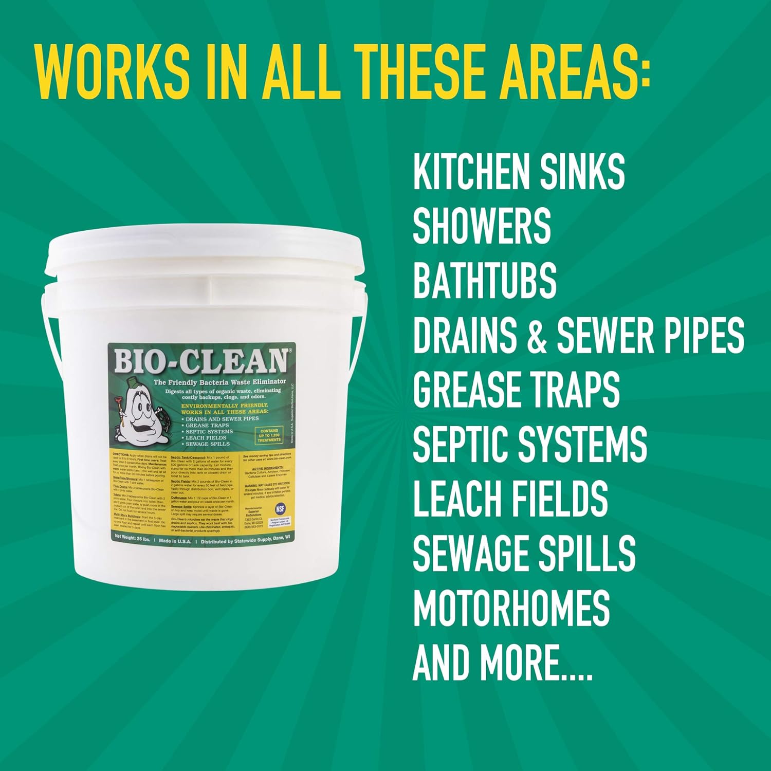 Drain Septic Bacteria (25lb Bulk) Cleans Drains- Septic Tanks - Grease Traps All Natural and 100% Guaranteed No Caustic Chemicals! Removes fats oil and grease, completely cleans your system.