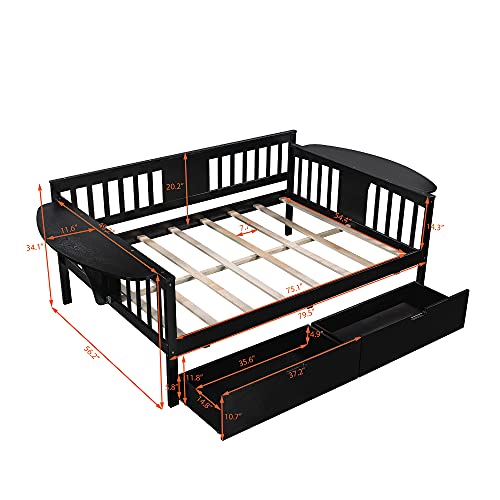 Twin Size Wooden Extendable Daybed with Trundle and 2 Storage Drawers, Platform Day bed with Wood Slat Support, for Bedroom, Living Room, No Spring Box Needed, Easy Assemble