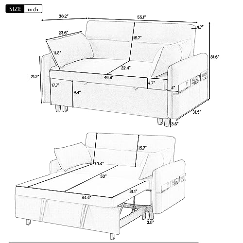 GIA 3 in 1 Convertible Sleeper Sofa, Loveseats Futon Couch Pullout Bed for Living Room,Love Seat Chaise Lounge with Adjsutable Backrest, Storage Pockets, 2 Pillows, Gray