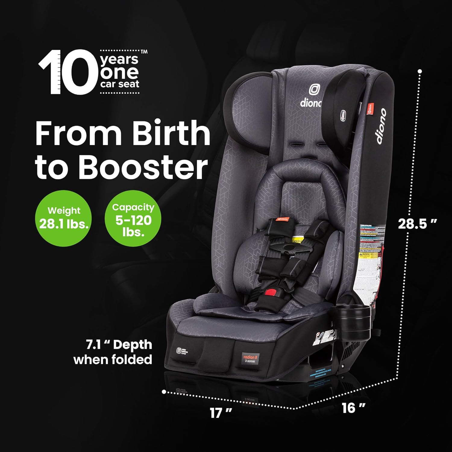 Diono Radian 3RXT Special Edition Slim Fit 3 Across All-in-One Convertible Car Seat, Rear-Facing, Forward-Facing and High-Back Booster, Gray Stone