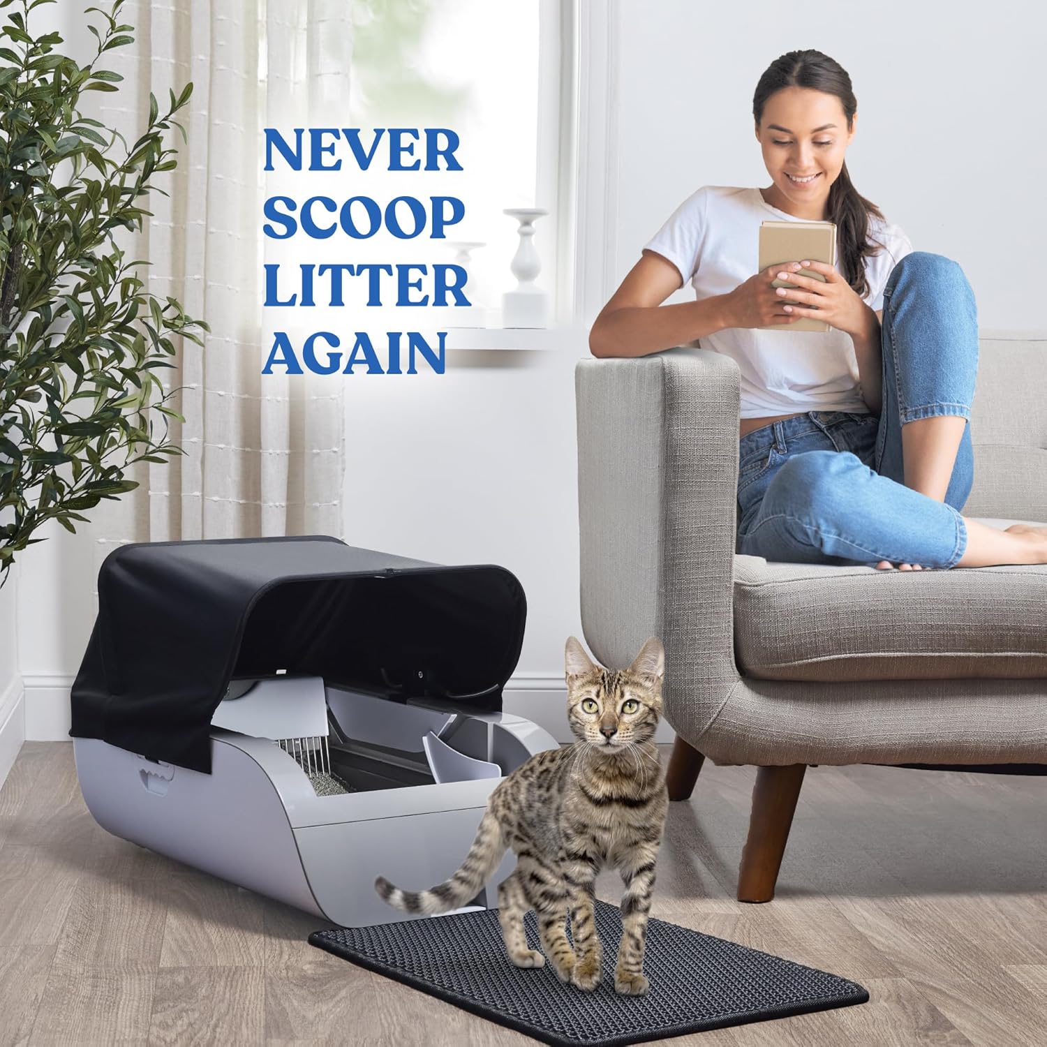 Smart Automatic Cat Litter Box - Self Cleaning with Built in Odor Eliminator -Works with Clumping Cat Litter (No Expensive Refills) Large with Hood & Litter Mat.