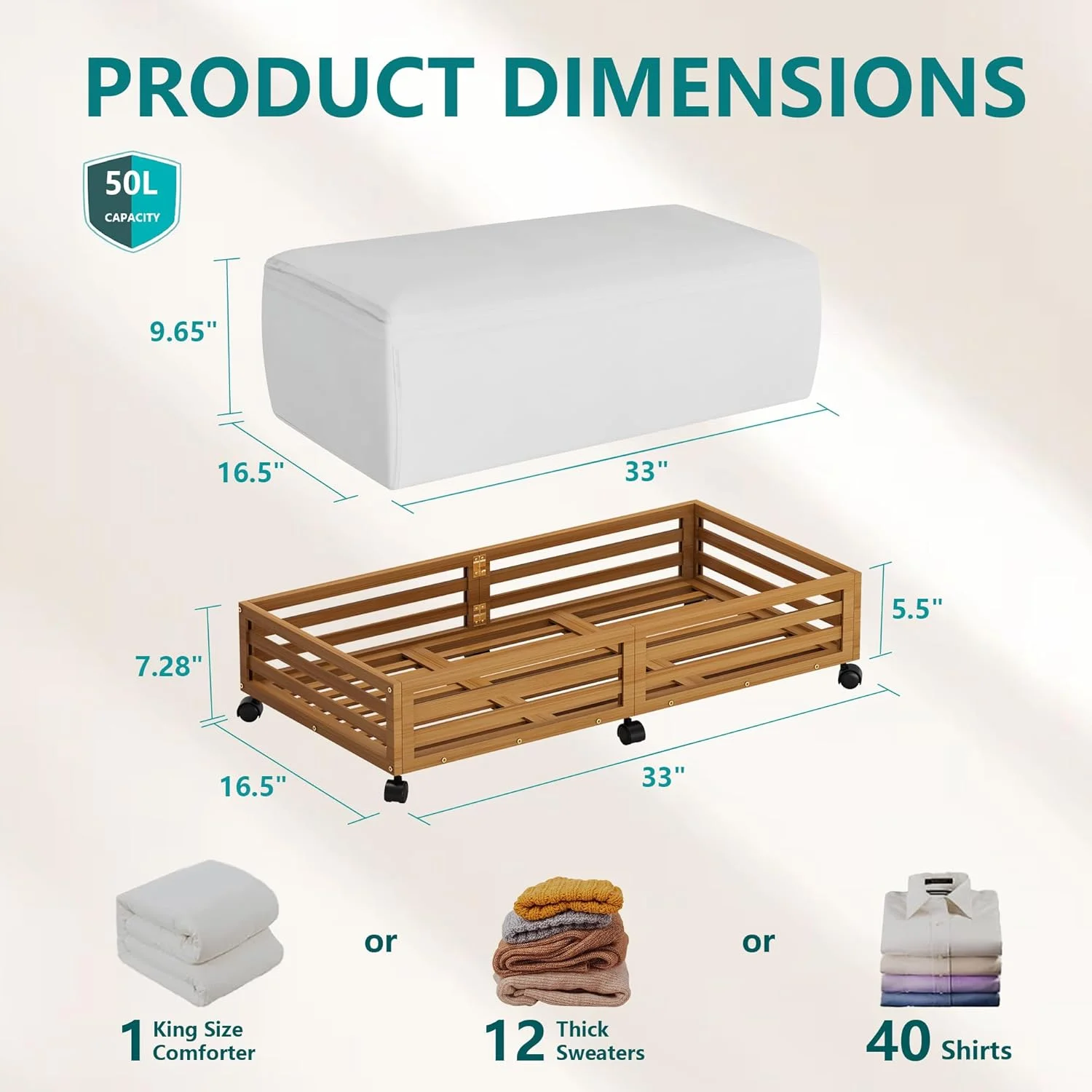 Bamboo Under Bed Storage Containers- Underbed Organizer with Wheels with Large Capacity Dust Bag,Sturdy Wood Rolling Under Bed Shoe Storage Organizer 2 Packs (Walnut, 2 Packs (33.07×16.54))