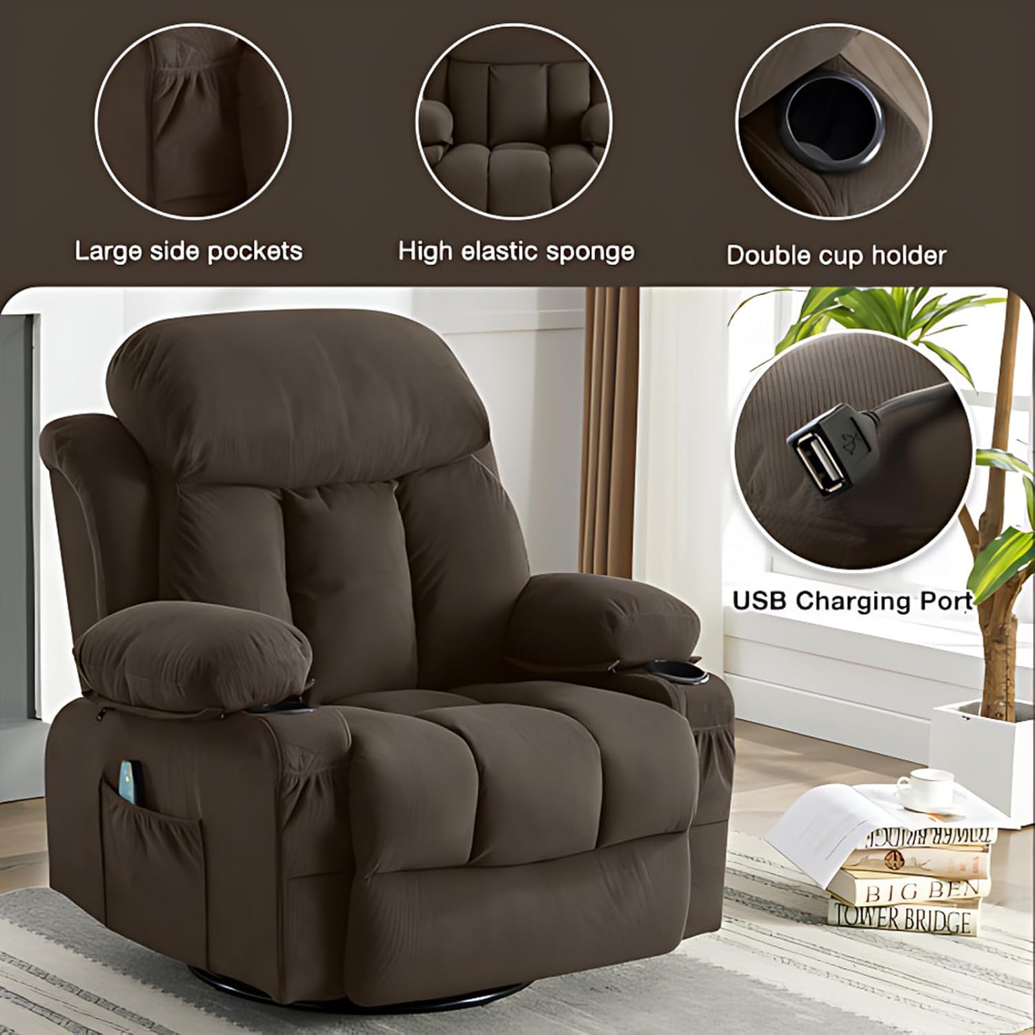 Swinging Recliner Massage Heated Sofa, Massage Recliner Chair with Adjustable Backest and USB Port, 360 Swivel Lazy Electric Recliner Chair for Living Room (Brown)