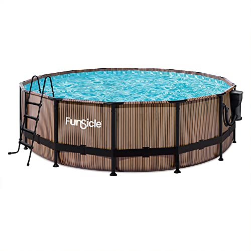 Funsicle 14' x 42" Oasis Designer Round Frame Above Ground Outdoor Swimming Pool Set with SkimmerPlus Filter Pump, Ladder, and Pool Cover, Gray