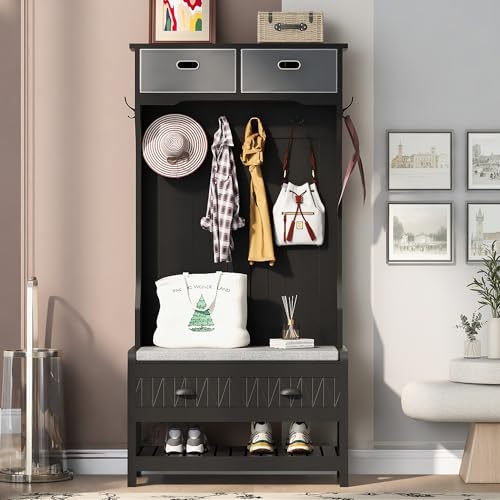 60" Hall Tree with Bench and Shoe Storage, 3-in-1 Entryway Ottoman with Coat Rack and Adjustable Shelf for Mudroom,Hallway, Easy Assembly,Black, 60 Inch W