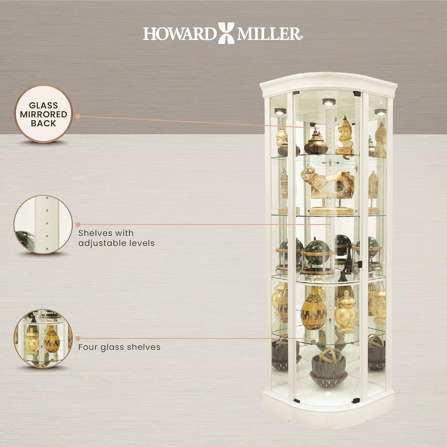 Howard Miller Marlowe IV Corner Curio Cabinet 680-665 – Aged Linen Finish Home Decor, Four Glass Shelves, Five Level Display Case, No Reach Roller Halogen Light