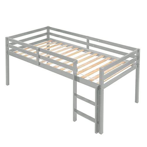 Loft Bed Twin,Loft Bed for Kids with Ladders and Guard Rails,Solid Wood and Sturdy Low Loft Bed Frame for Boys Girls and Junior,No Box Spring Needed,Easy to Assembly,Twin(Grey)