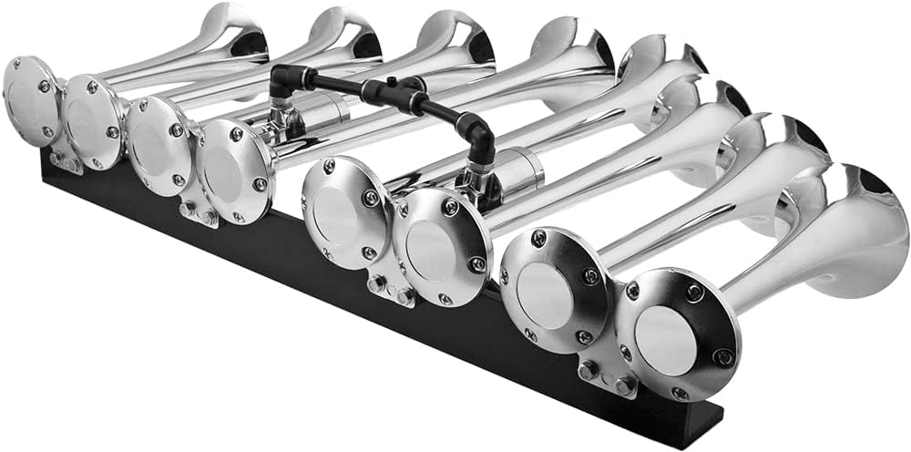 Vixen Horns Octopod Train Horn Kit for Trucks/Car/Semi.Complete Onboard System-Dual 200psi Air Compressor,5 Gallon Tank,8 Trumpets.Super Loud dB.Fits Vehicles Like Pickup/Jeep/RV 12v VXO8350DP/8124XC