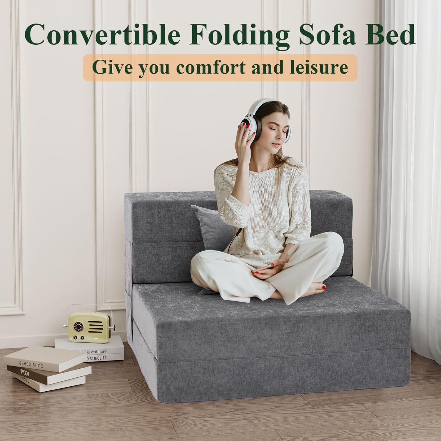 HOMFINE Folding Sofa Bed - Convertible Sleeper Chair with Pillow, Fold Out Couch, Memory Foam Floor Mattress, Futon Couch, Lazy Sofa for Living Room/Dorm/Guest Room/Home Office, Twin, Gray