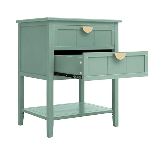 Small Nightstand End Table - Bedside Table with 2 Drawers, Wood Night Stand with Storage Shelf, Narrow End Tables for Bedroom (Green Set 1)