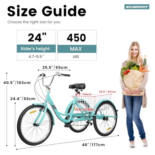 7 Speed Tricycle Single 3 Wheel Bike 24 Inch Trike with Bell Brake System and Basket Carbon Steel Cruiser Bicycles Large Size for Shopping Recreation Seniors Women Men