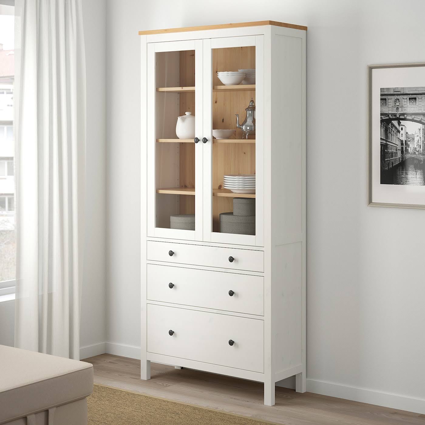 IKEA - HEMNES Glass-Door Cabinet with 3 Drawers, White Stain/Light Brown, 35 3/8x77 1/2