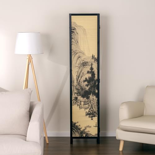 MyGift 4-Panel Folding Bamboo Room Divider Asian-Inspired Cherry Blossom Scene, 6 FT Freestanding Floral Artwork Room Partitioner with Beige Wood Frame