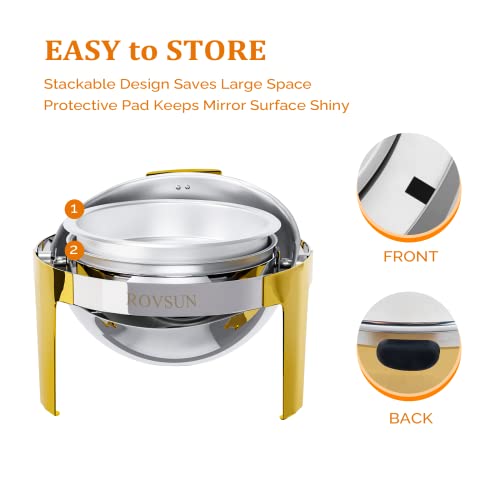 ROVSUN 3 Packs Roll Top Chafing Dish Buffet Set Gold Accent,6 Quart Round Stainless Steel Chafer, Buffet Servers and Warmers Set Warming Tray with Glass Window for Wedding, Parties, Banquet, Events