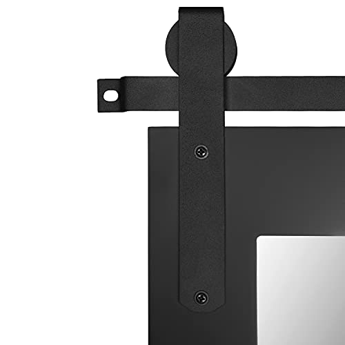 Hans Farmhouse Bathroom Mirror 22"×28" Rustic Wood Frame with Metal Barn Door Track Decorative Wall Mirror for Bathroom Entryway Living Room,Black