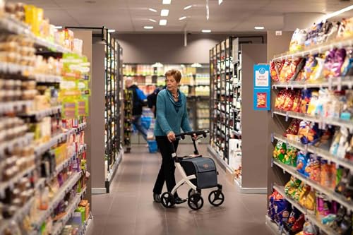 Flex 2 Pebble White - Upright Rollator Walker with seat - Lightweight Walker with Wheels - Folding Walker with Large Shopping Bag - Modern Design