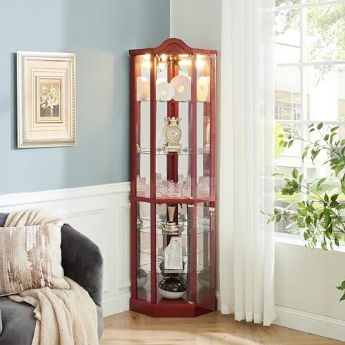AMNOOL Glass Cabinet Lighted - Antique Style Corner Curio Display Cabinet with Adjustable Shelves - Ideal for Wine, Books, and Collectibles - Push-to-Open Doors with Elegant Illumination (Cherry)