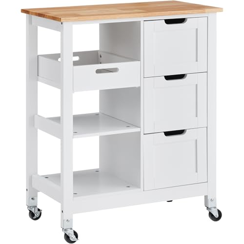 VEVOR Kitchen Island Cart, 26 inch Wood Top Mobile Breakfast Bar, Rolling Kitchen Table with 3 Drawers and Shelves, Portable Islands on Wheels, for Dining Kitchen Living Room Farmhouse, White
