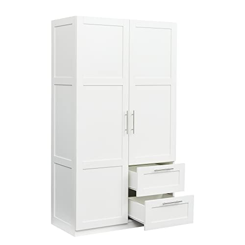 Kitchen Pantry Storage Cabinet, Tall Cabinet with 2 Doors and 2 Drawers, Freestanding Cupboard with Adjustable Shelves, Utility Pantry for Kitchen, Dining Room (White)