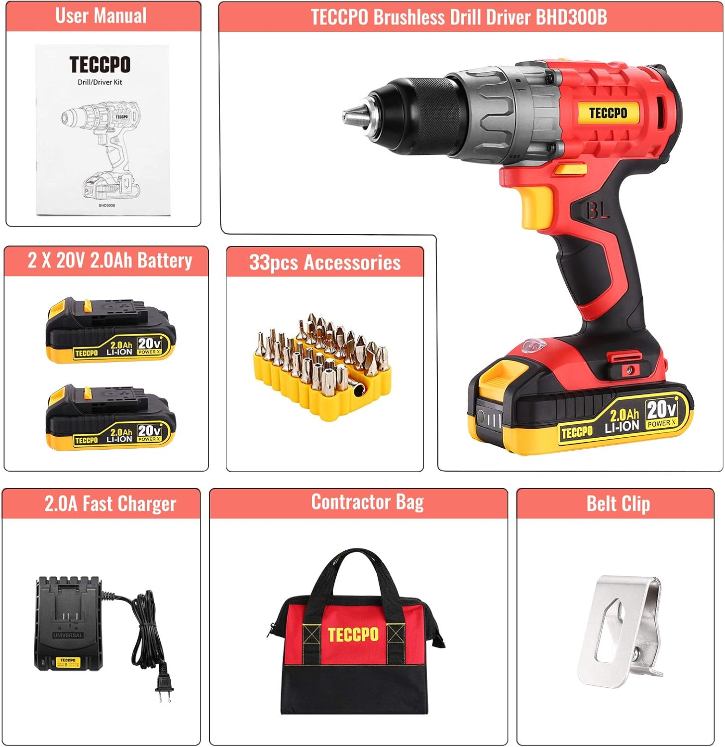 TECCPO Cordless Drill, 20V Drill Set Power Drill, Brushless Drill Driver with 2 Batteries, 530 In-lbs, 1/2All-Metal Chuck, 21+1 Torque Settings, 0-1500RPM Variable Speed, 33pcs Accessories with Case