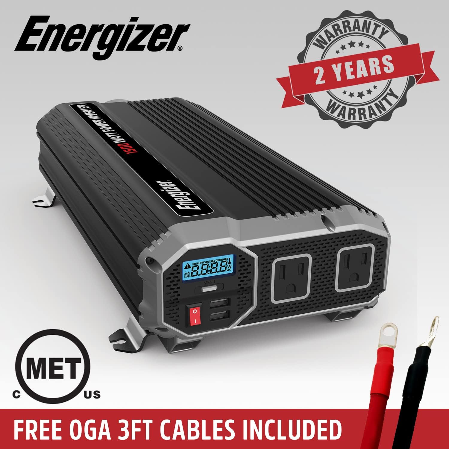 Energizer 4000 Watts Power Inverter Modified Sine Wave Car Inverter, 12V to 110 Volts, Two AC Outlets, Two USB Ports (2.4 Amp), Hardwire Kit, Battery Cables Included – ETL Approved Under UL STD 458