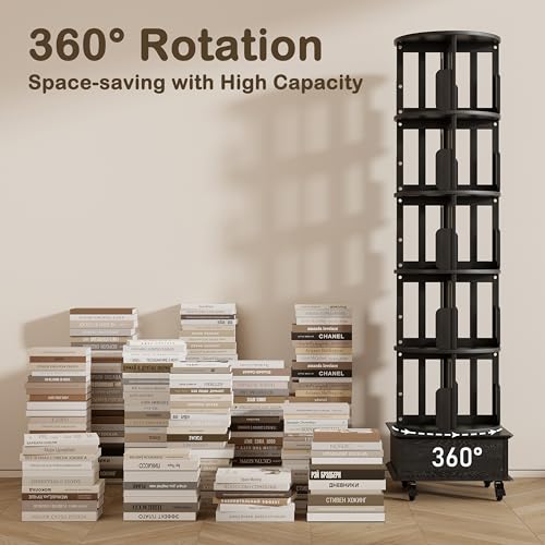 Solid Wood Rotating Book Shelf, 360° Display Bookcase with Drawer, 5-Tier Mobile Bookshelf with Wheels, 79" Tall Bookcase for Narrow Space, Spinning Bookshelf Tower for Home Office, Study Room, Black